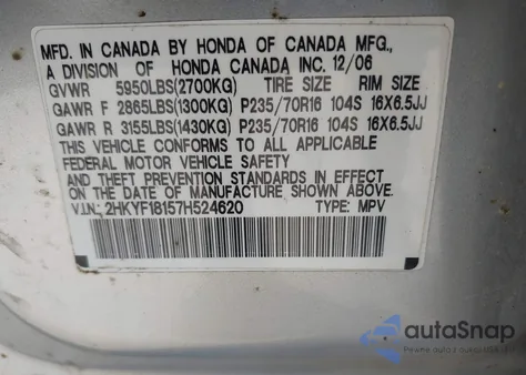 2007 Honda Pilot Lx from USA, damaged, VIN 2HKYF18157H524620